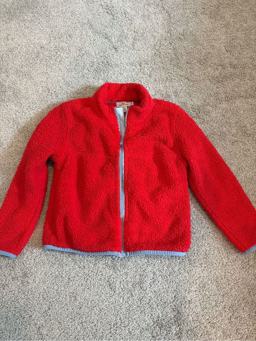 Vineyard Vines Kids Red Sherpa Zip Jacket with Light Blue Trim